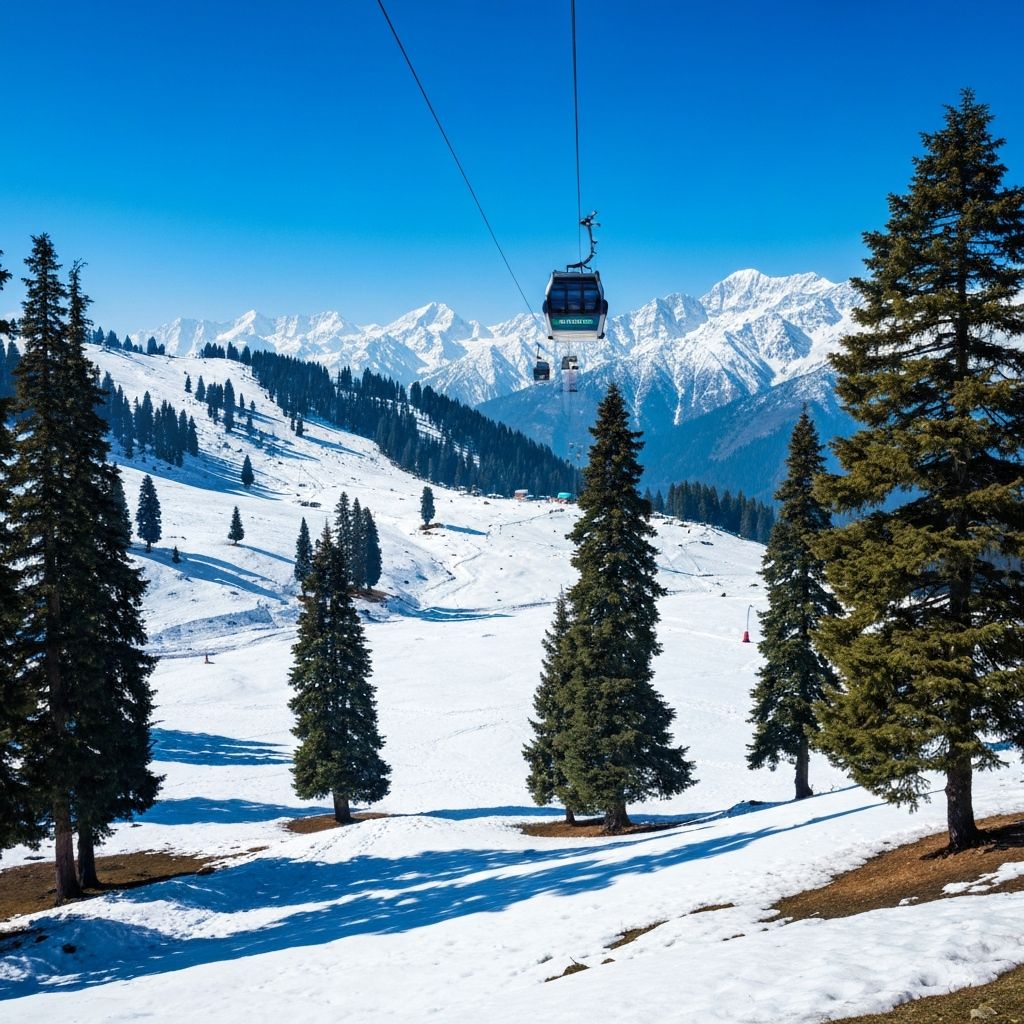 Snow covered meadow in Gulmarg, Kashmir with pine trees